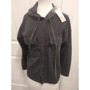 New In Corduroy Hooded Shirt Jacket Dark Gray Button Front Pockets Size S